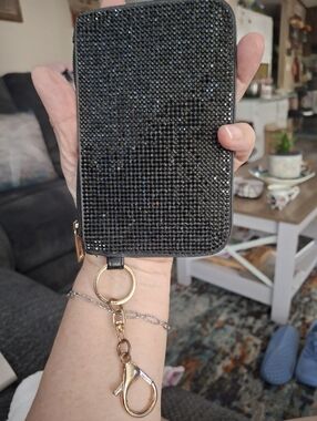 Black Crystal Phone Wallet with Gold Keyring